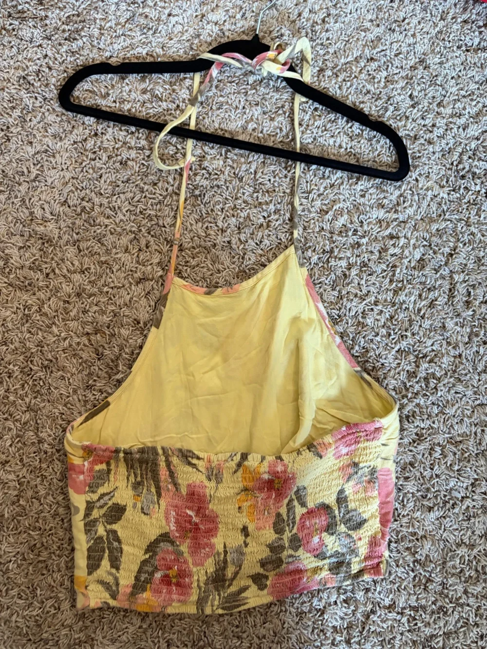 Hollister Yellow Halter Crop Top with Pink Floral Print